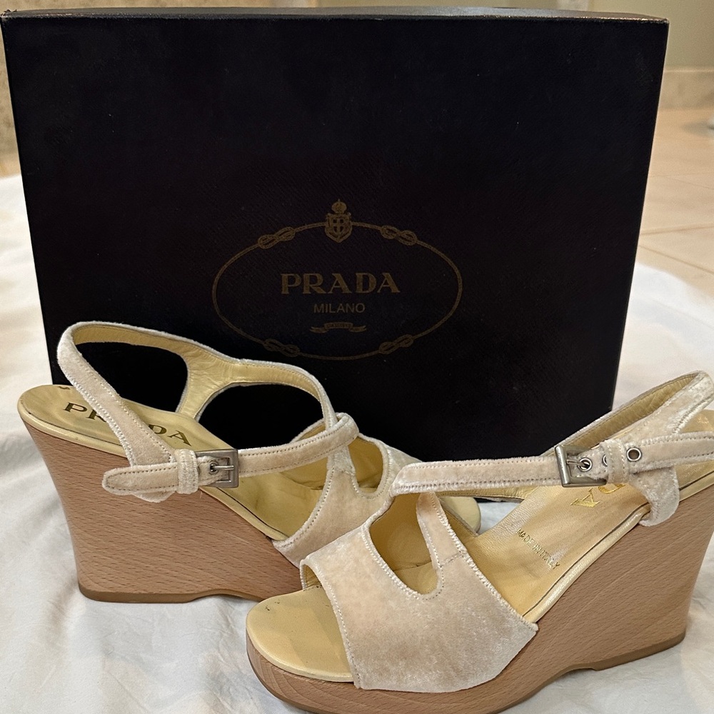 Prada Women's Beige Velvet Wedges